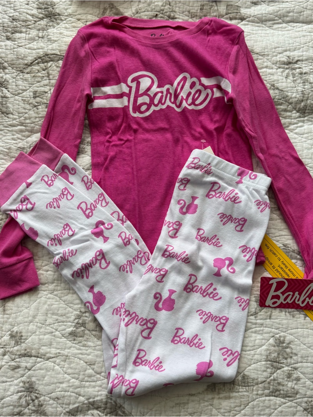 Barbie Pink & White Logo Pajama 3 pc Set - Long Sleeve Top & Printed Pants